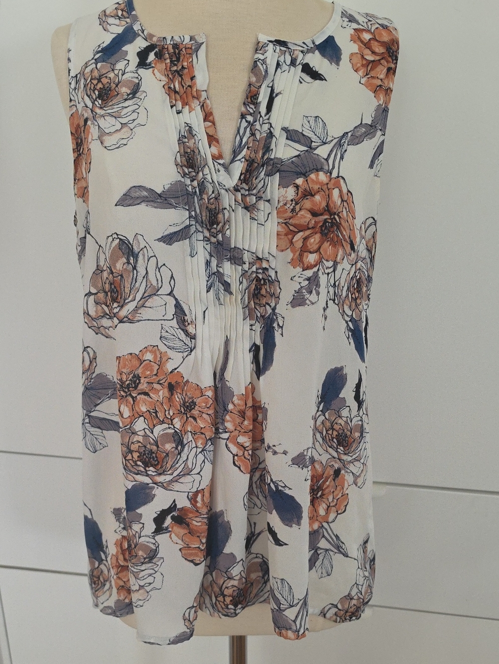 Sanctuary Cream Floral Pintuck Sleeveless Top with Rust Accents